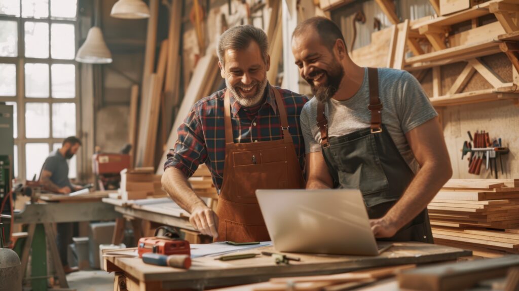 Two craftsmen collaborating in a woodworking shop while using a laptop.